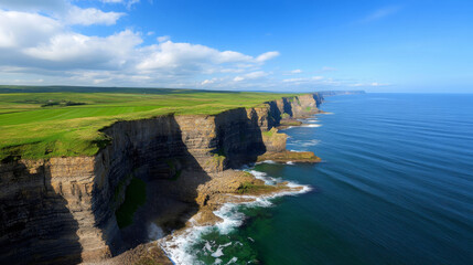 Rugged rocky coastline with high cliffs and serene ocean waves under clear blue sky. landscape...