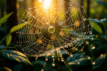 Naklejka premium The dew on the spider's web, where the morning beads form tiny pearls, reflects the sun. Capturing the exquisite beauty of dew glinting in the morning light showcases the art of nature.