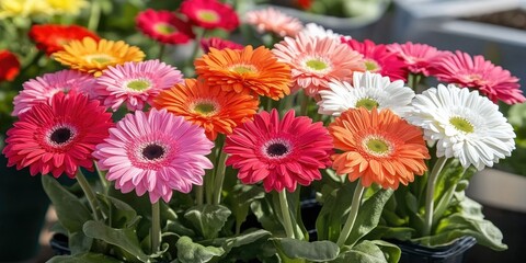 Colorful gerbera daisies in pots, sunny market background