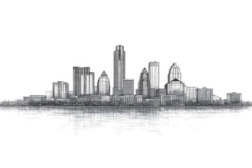 Austin Texas Skyline Sketch Black and White Cityscape Architecture,
