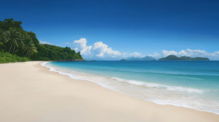 serene tropical beach with crystal clear turquoise water, soft white sand, and lush green palm trees under bright blue sky. tranquil atmosphere invites relaxation and peace