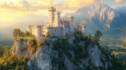 Majestic castle perched atop a rocky cliff, overlooking a picturesque valley at sunset.