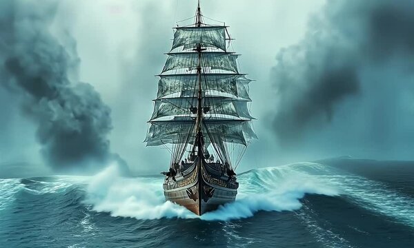 Majestic Clipper Ship Battling Tempestuous Seas in Misty Conditions