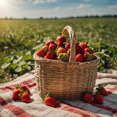 A basket full of strawberries with green stems, side view, placed on a picnic blanket, blurred sunny field background.