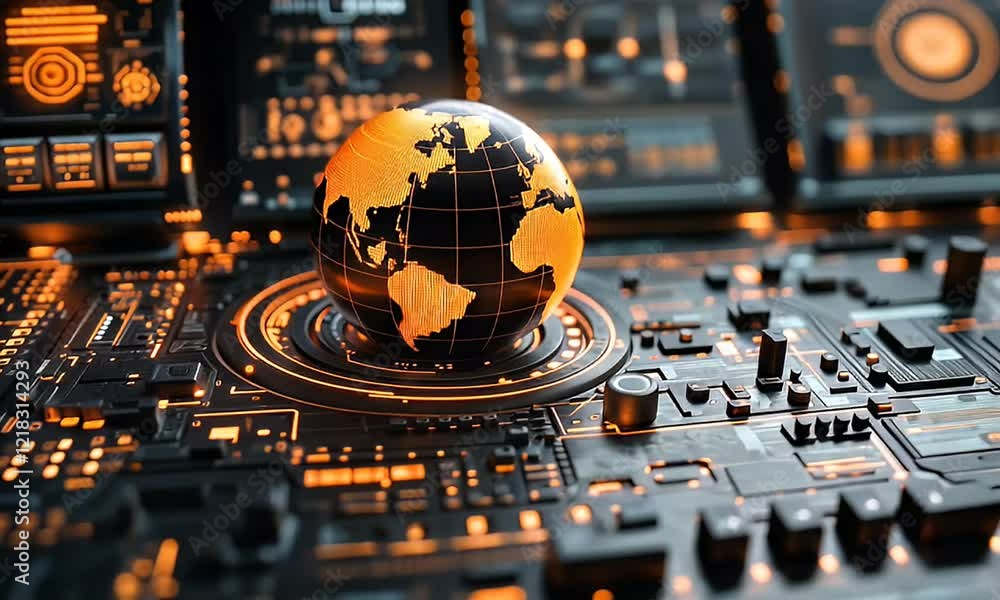 Poster global network: illuminated earth on futuristic tech interface