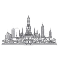 Fototapeta premium Wat Arun Bangkok Skyline Modern Cityscape Sketch,
