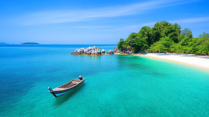 tropical island with crystal clear turquoise water, wooden boat anchored near rocky shore, lush greenery, and serene beach. scene evokes tranquility and natural beauty