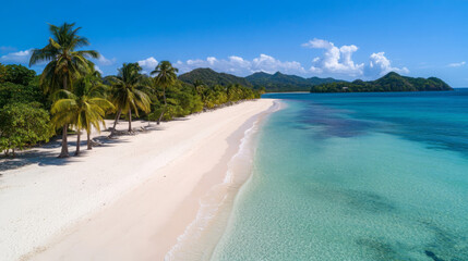 tropical white sandy beach with swaying palm trees and clear blue water creates serene paradise. lush greenery and distant mountains enhance tranquil atmosphere