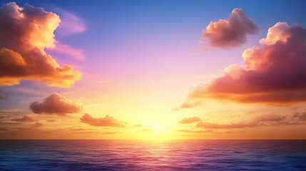 Obraz premium vibrant multicolored sky during sunset with dramatic clouds reflecting warm hues over calm ocean. serene atmosphere evokes sense of peace and tranquility