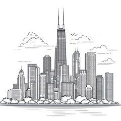Chicago Skyline Sketch Cityscape Illustration Night View