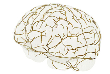 Abstract Brain Art: Golden Wireframe - An abstract art piece depicting the human brain as a golden wireframe structure, highlighting its complex neural network.