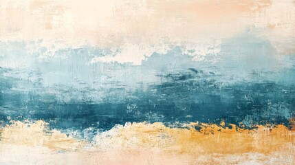 Abstract Ocean Landscape Painting in Teal Gold and Beige
