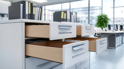 Organized filing cabinet with open drawers, showcasing office supplies and documents. modern workspace features bright atmosphere with large windows and greenery