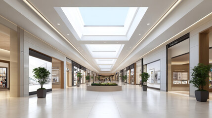 wide angle view of modern mall interior featuring bright skylights, elegant storefronts, and lush greenery, creating vibrant shopping atmosphere