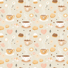 Cute pattern of coffee cups and snacks with hearts and flowers designed for cozy environments and warm gatherings