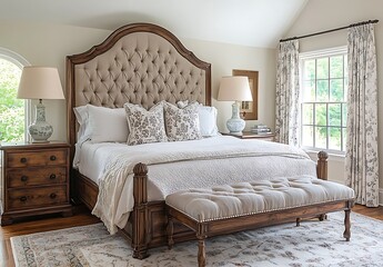 Beige Linen Bedding King Bedroom with Tufted Arched Headboard