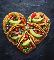 Heart-Shaped Chicken Tacos with Avocado Cilantro and Onion on a Dark Background