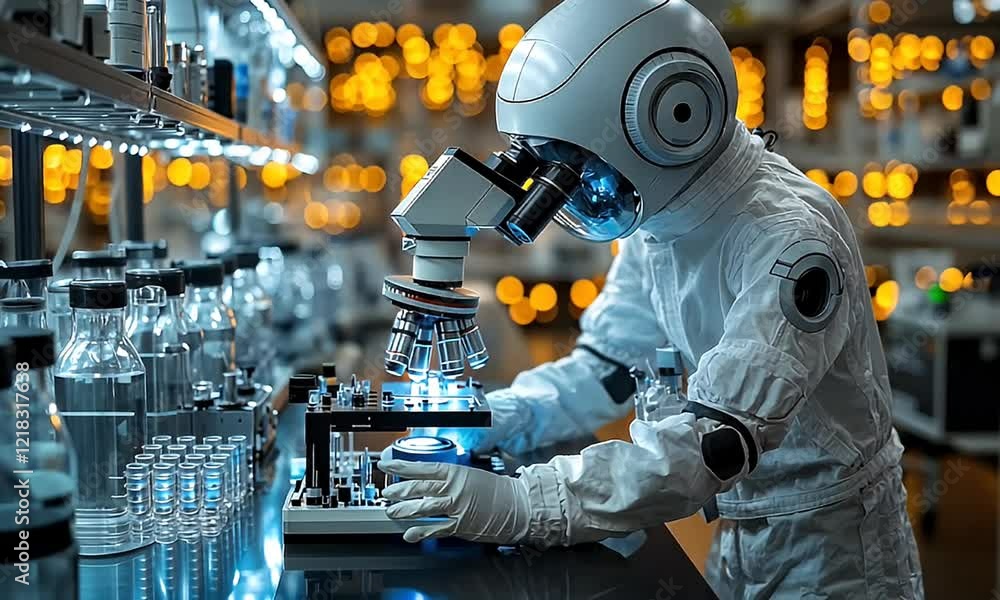 Poster futuristic robot scientist using a high-tech microscope in a laboratory