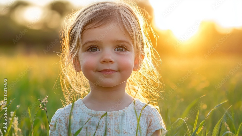 Poster golden sunlight filters through waving blades of grass while a cheerful child stands, radiating joy 