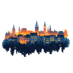 Obraz premium Night cityscape glowing city buildings trees silhouette