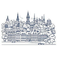 Naklejka premium Blue Cityscape Sketch European Architecture Night View,