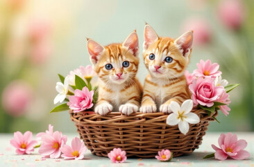 Two funny ginger striped kittens sit in a brown basket with spring flowers on a light pastel background .