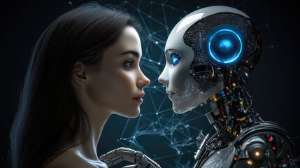 A woman faces an A.I. robot, both engaged in a moment of connection and curiosity. The concept of human-robot interaction, artificial intelligence, and the future of collaboration. Generative AI.