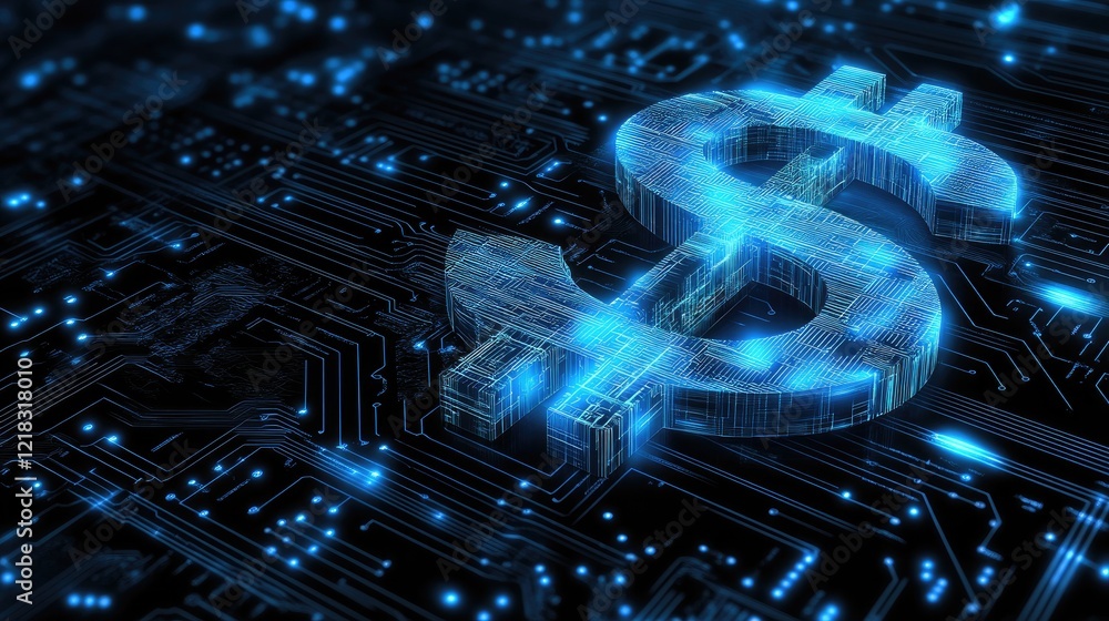 Poster abstract glowing circuit board patterns forming a dollar sign on a sleek background.