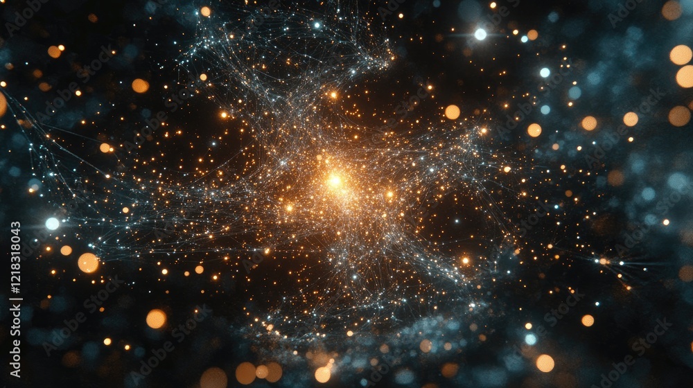 Poster abstract glowing network nodes spreading from a central point, representing the interconnected natur