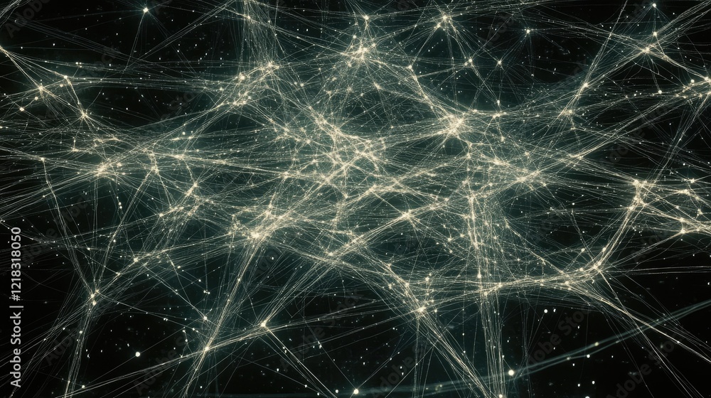 Poster abstract glowing network nodes spreading from a central point, representing the interconnected natur