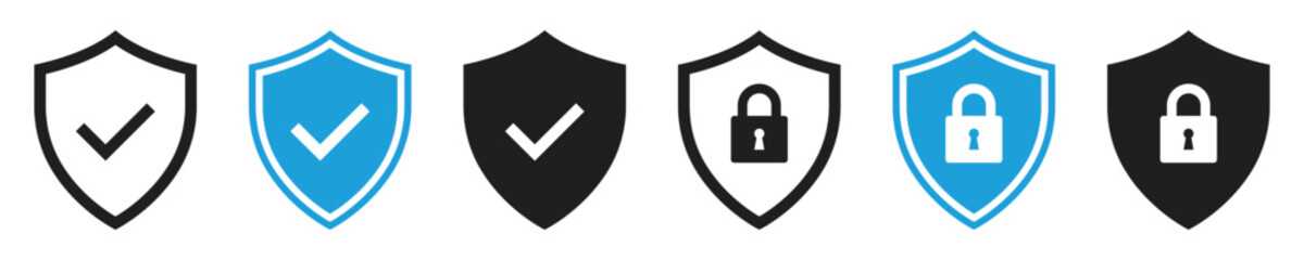 Set of security shield icons with check mark and padlock