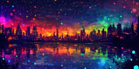 Fototapeta premium Neon Cityscape Reflected In Vibrant Water At Night