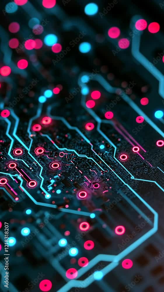 Poster circuit board design with glowing lights showcasing intricate patterns and technology