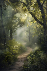 Obraz premium Misty Morning in an Enchanted Forest: Sunlight Breaking Through the Trees