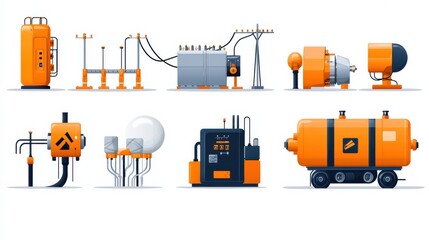 Fototapeta premium Transforming electrical systems overview of six iconic power line components in standard c industrial setting technical illustration