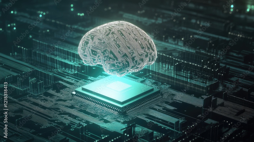 Poster artificial intelligence chip embedded in a circuit board, glowing with neon lights, signifying the f