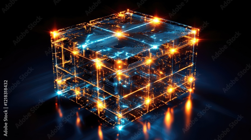 Poster a d conceptual rendering of a glowing artificial neural network against a gradient blue-to-black bac