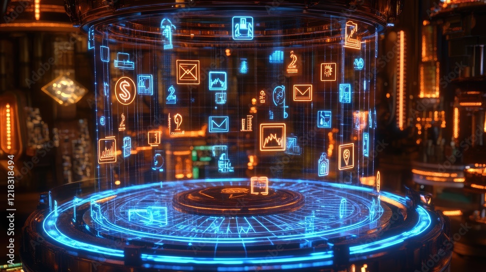 Aufkleber a d hologram of a financial app glowing with charts and secure transaction symbols.