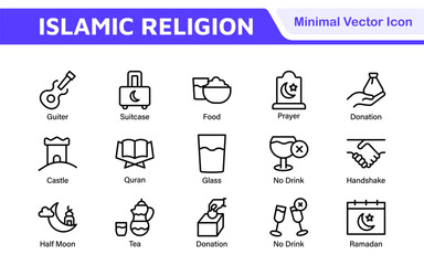 Islamic Icon Set. A beautifully crafted collection of icons reflecting Islamic culture and traditions, educational materials, apps, and websites, and Islamic community.