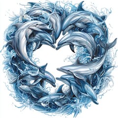 Dynamic Circular Movement of Dolphins Surrounded by Ocean Waves in a Colorful Artistic Illustration