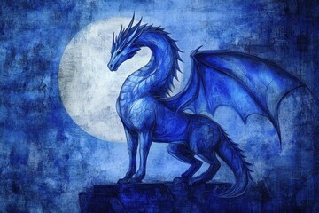 Majestic Blue Dragon Perched on a Rock Underneath the Moon