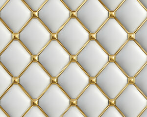 Naklejka premium A seamless 3D wallpaper with 3D soft geometry tiles made from white leather decorated with gold stripes and rhombuses