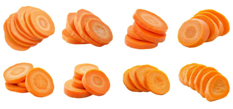 Collection of various orange carrot slices arranged in neat stacks isolated on white transparent background PNG set