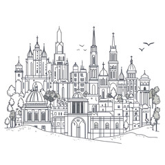 Fototapeta premium European Cityscape Skyline Sketch Dark Architecture Night Scene