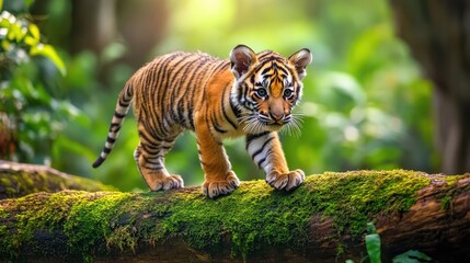 Obraz premium A baby tiger walking on a moss-covered log in the jungle, with vibrant greenery surrounding the scene and space for copy.