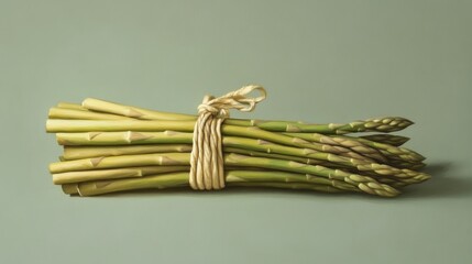 Fresh asparagus bunch, tied with twine, on green background; healthy food