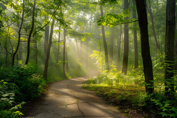 Obraz premium Misty Morning in an Enchanted Forest: Sunlight Breaking Through the Trees