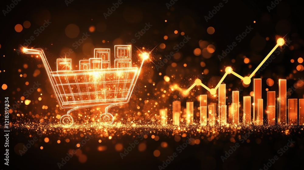 Poster a clean digital graph with product icons, upward arrows, and glowing metrics representing e-commerce