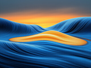Vibrant waves of blue and yellow under a stunning sunset sky in an abstract landscape
