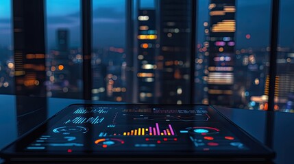 A clean workspace with a tablet glowing with social media analytics and a digital marketing funnel graphic.